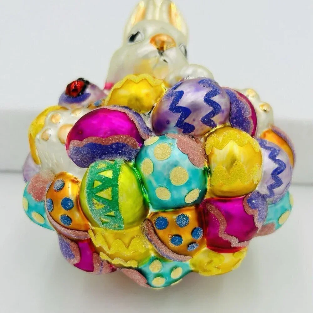 Vintage Christopher Radko Glass Ornament Hoppy Easter Bunny on Colorful Eggs 6x5